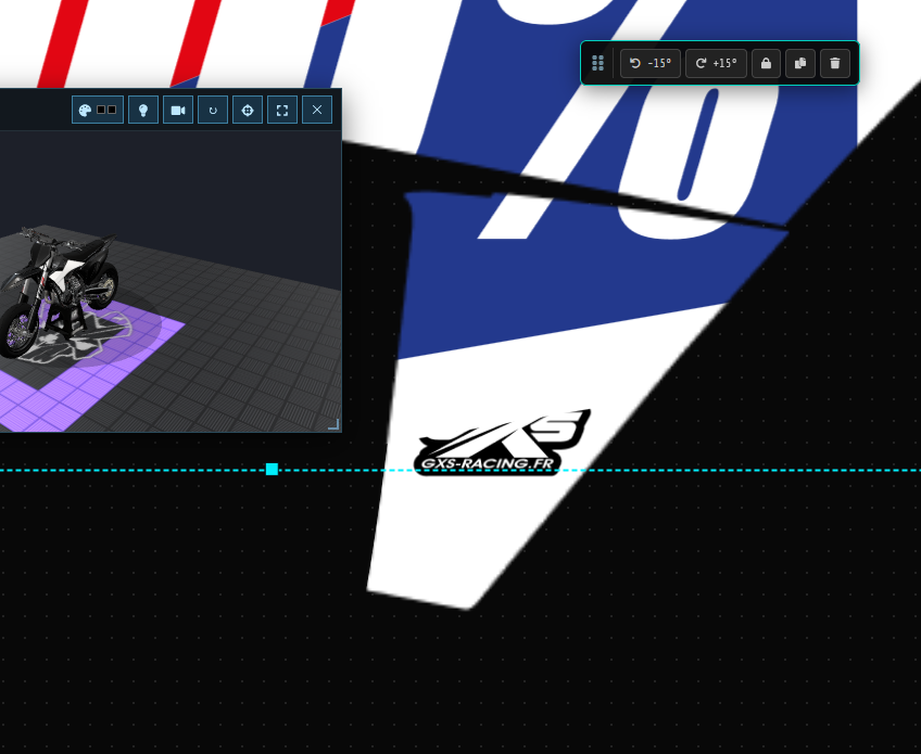 Capture réelle : planche + 3D live + logo GXS