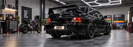 Evo IX vue arrière dans l’atelier GXS Racing sous les hex LEDs