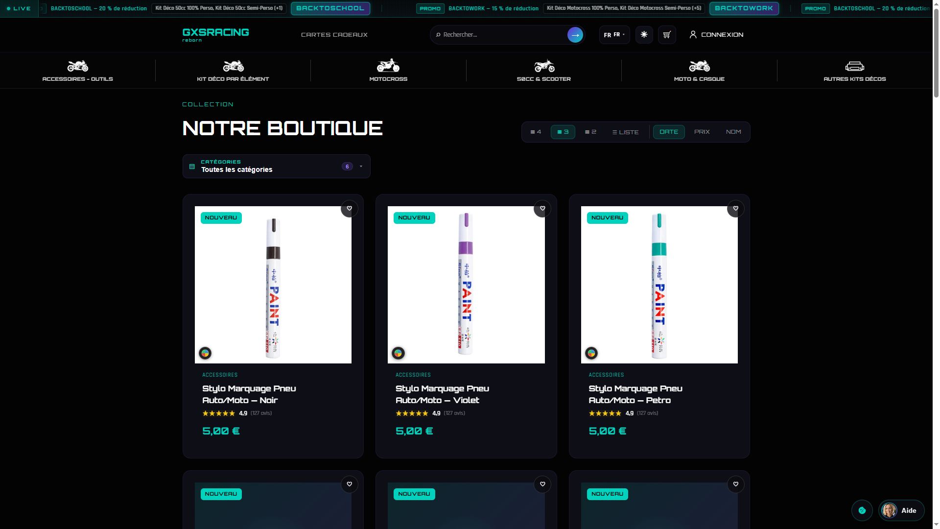 Boutique GXS Racing — navigation catégories et grille produits