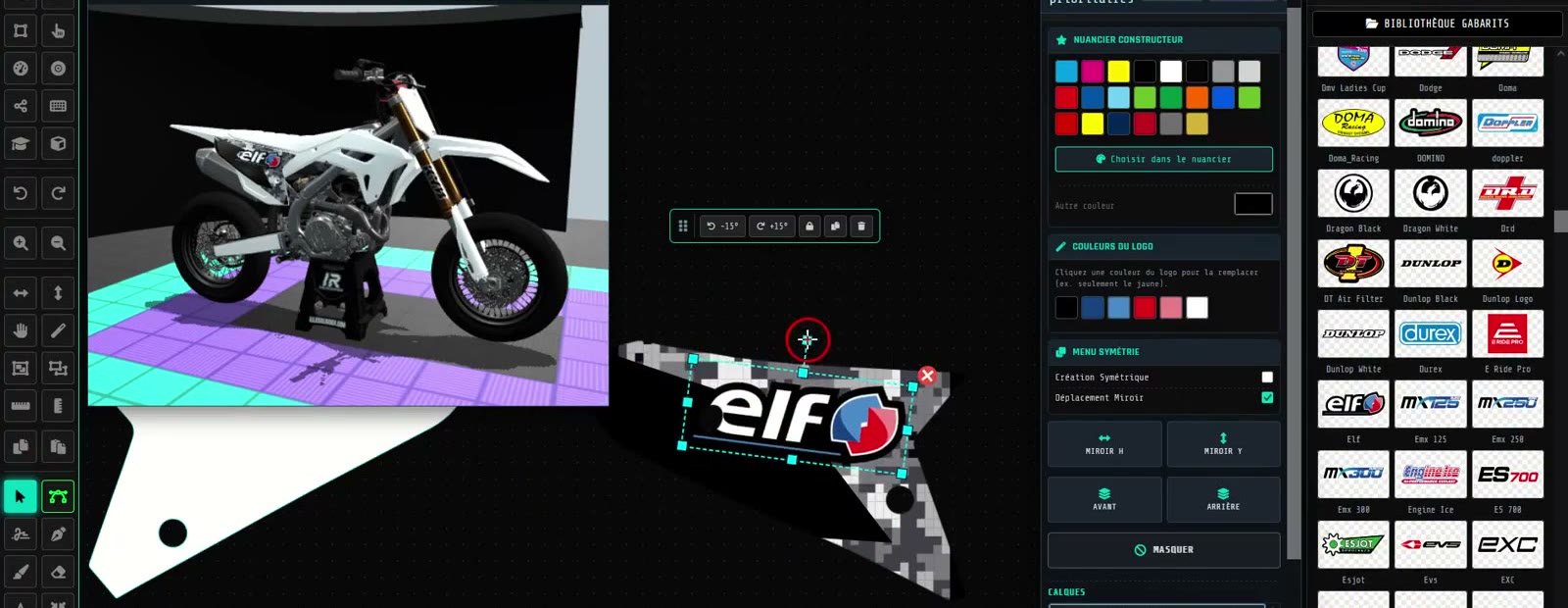 Studio GXS 100 % perso — planche 2D, nuancier, bibliothèque logos et moto 3D
