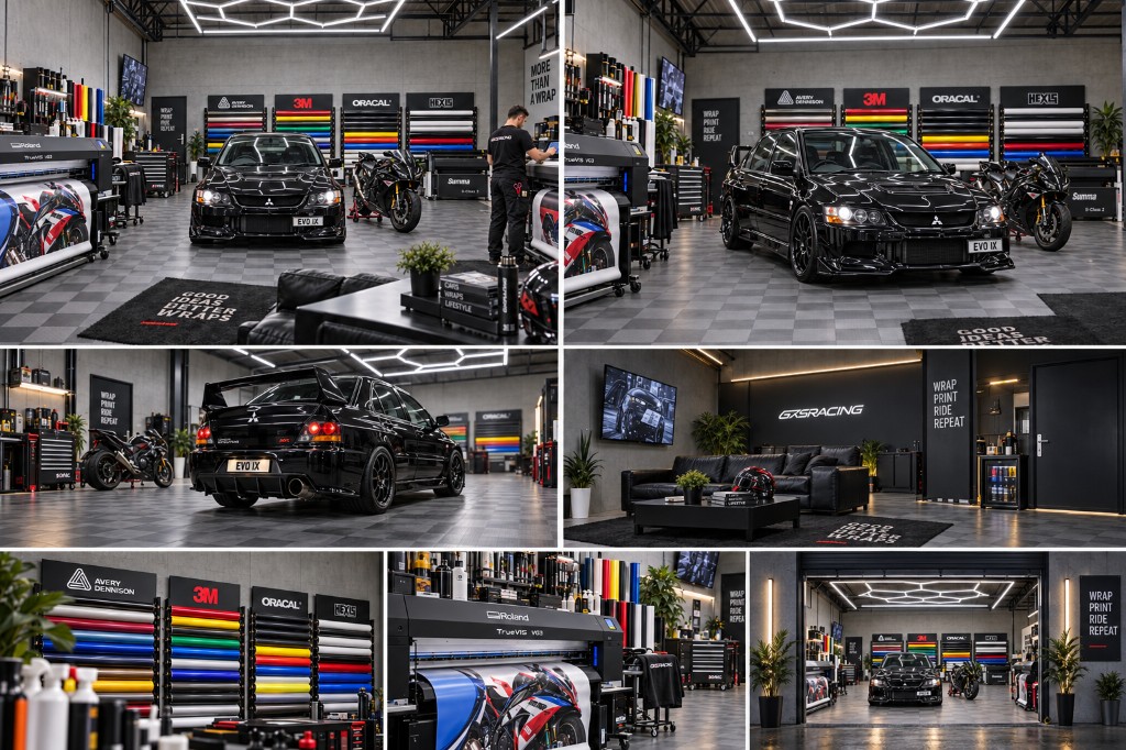 Collage atelier GXS Racing — Evo IX, lounge, Roland TrueVIS, bobines Avery/3M/Oracal/Hexis