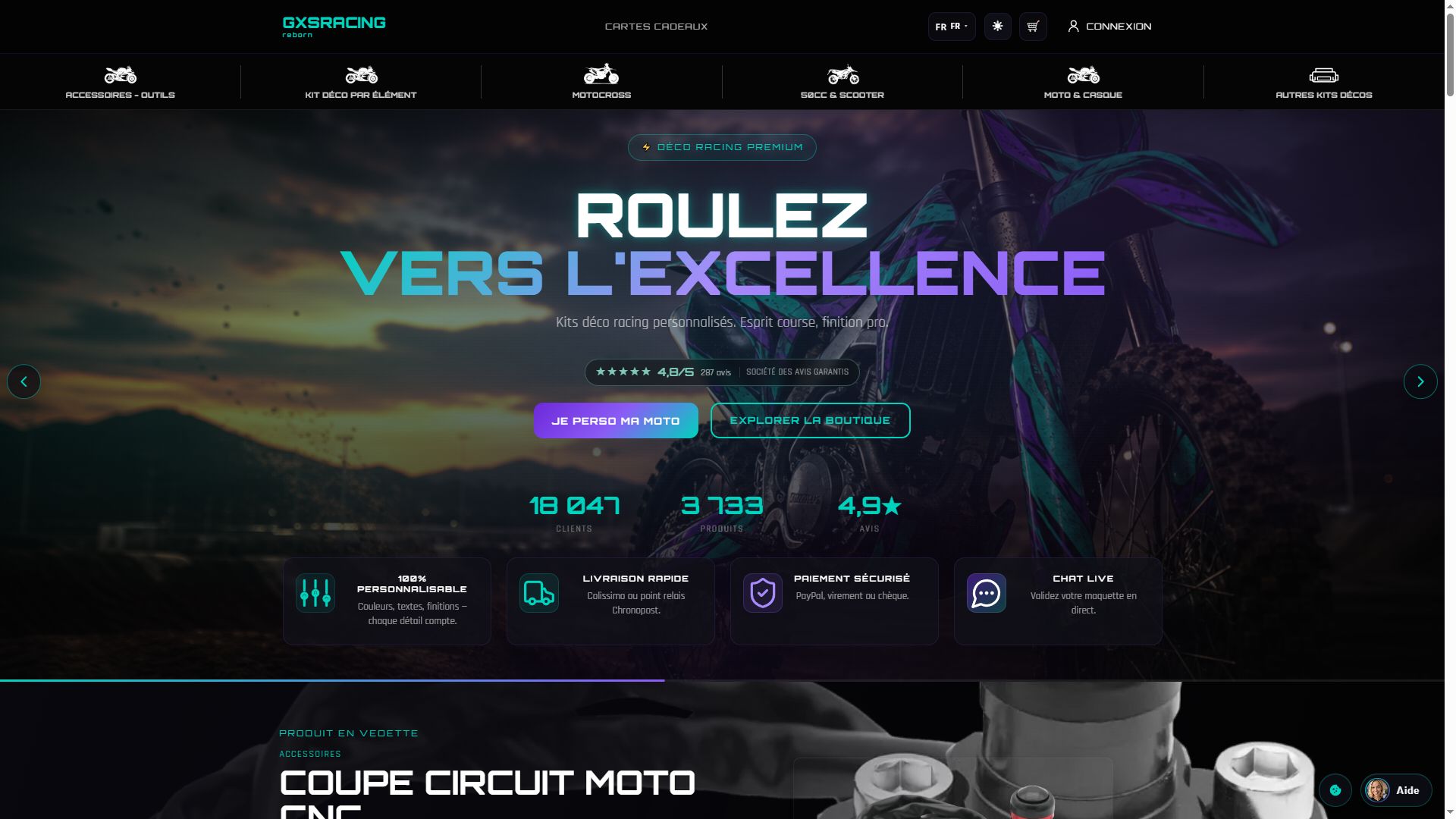 Page d’accueil GXS Racing — hero sombre, CTA Je perso ma moto