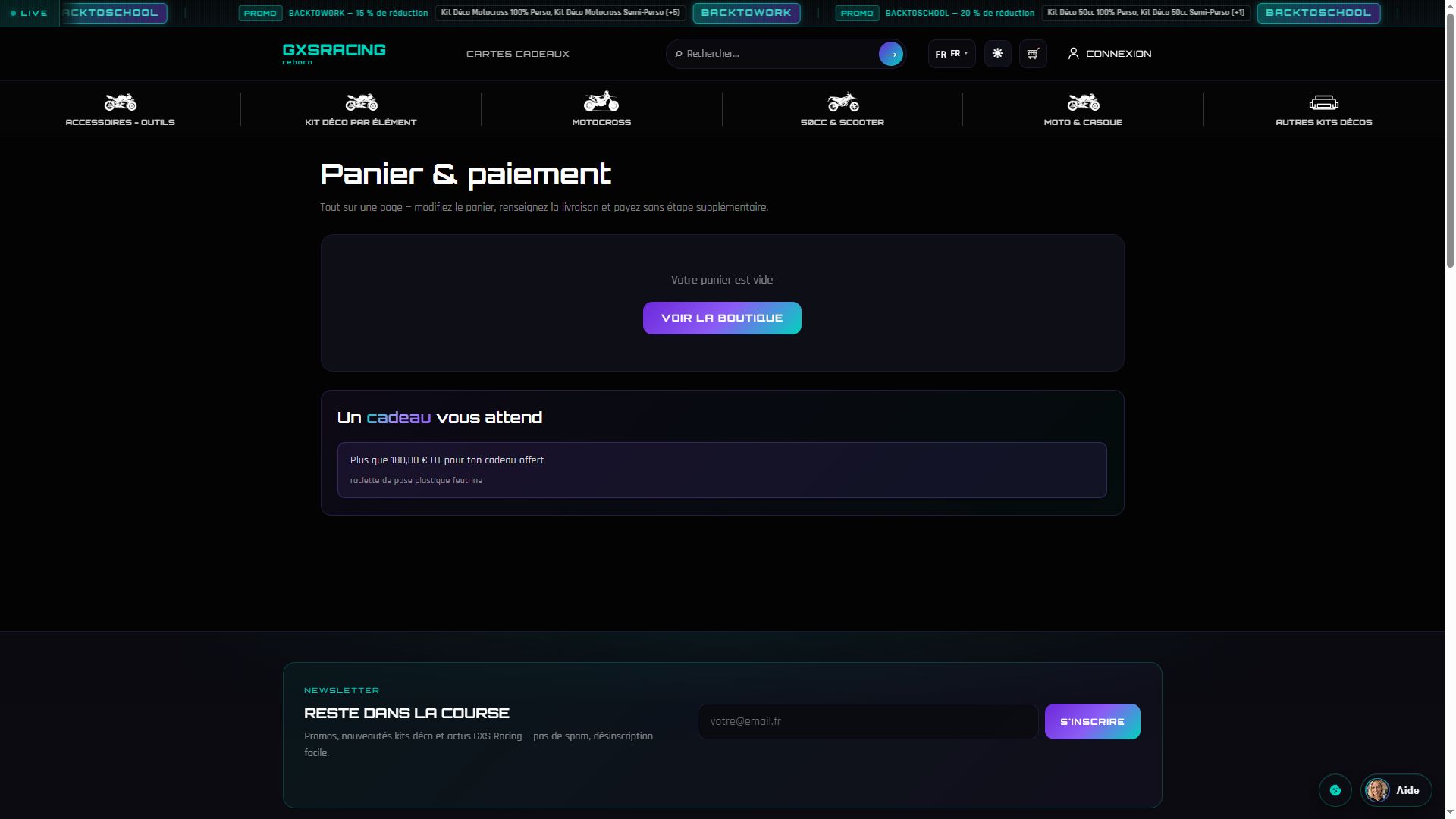 Page Panier & paiement GXS — panier vide et palier cadeau HT affiché