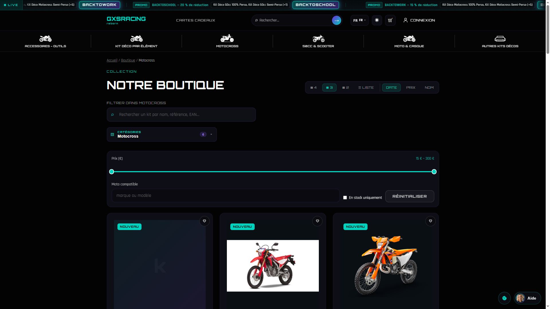 Catégorie Motocross — filtres prix et compatibilité